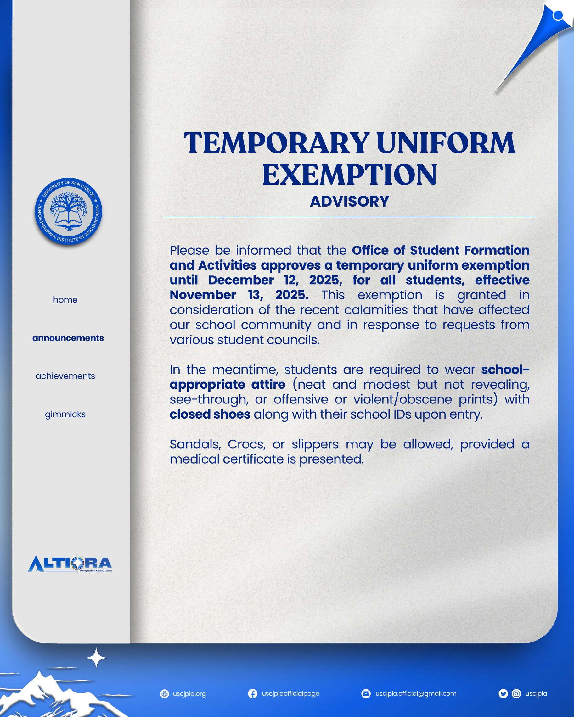 Temporary Uniform Exemption